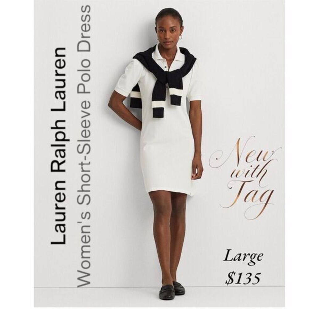 Lauren Ralph Lauren Women White Polo Dress Sz Large Casual Short Sleeve $130